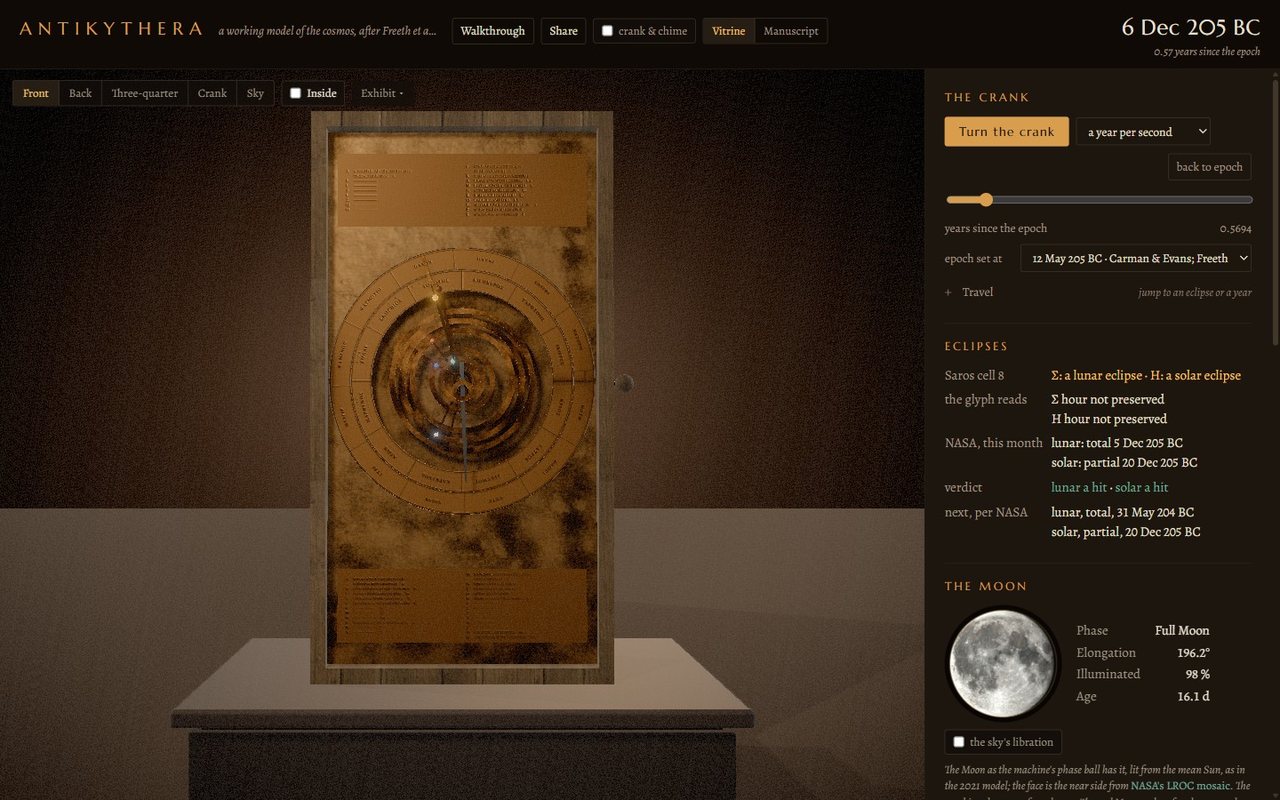 The exhibit in its default look: the bronze machine in a dark gallery, a column of readings beside it